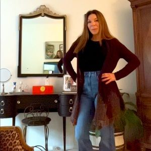 Anthropologie Moth deep plum cardigan with multi colored fringe trim at hem